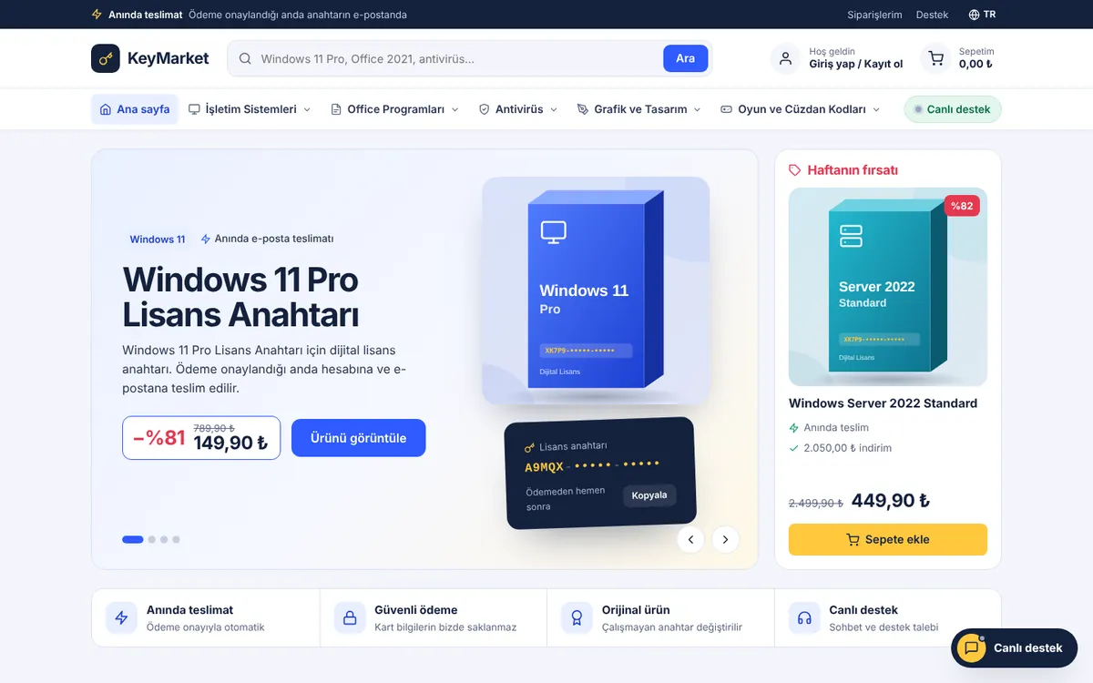 LisansPro demo mağazasının ana sayfası