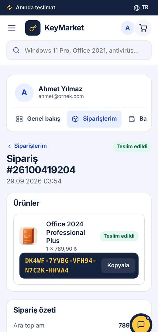 Sipariş ve anahtar